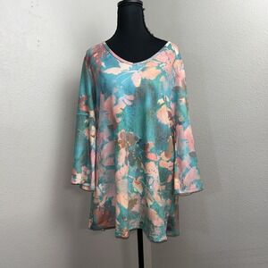 Soft Surroundings Tunic Women's Medium Green & Pink Floral 3/4 Sleeve V-Neck